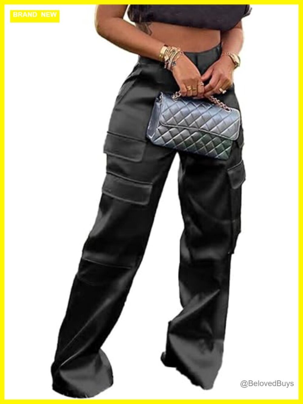 High Waisted Satin Cargo Pants Wide Leg Multi Pockets Straight Trousers